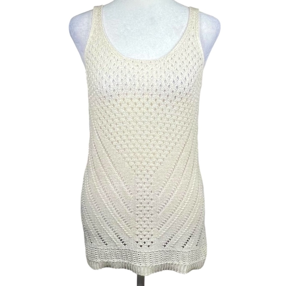 American Eagle Y2K Boho Long Sweater Tank M Cream Shimmer Open-Lace Crochet Knit